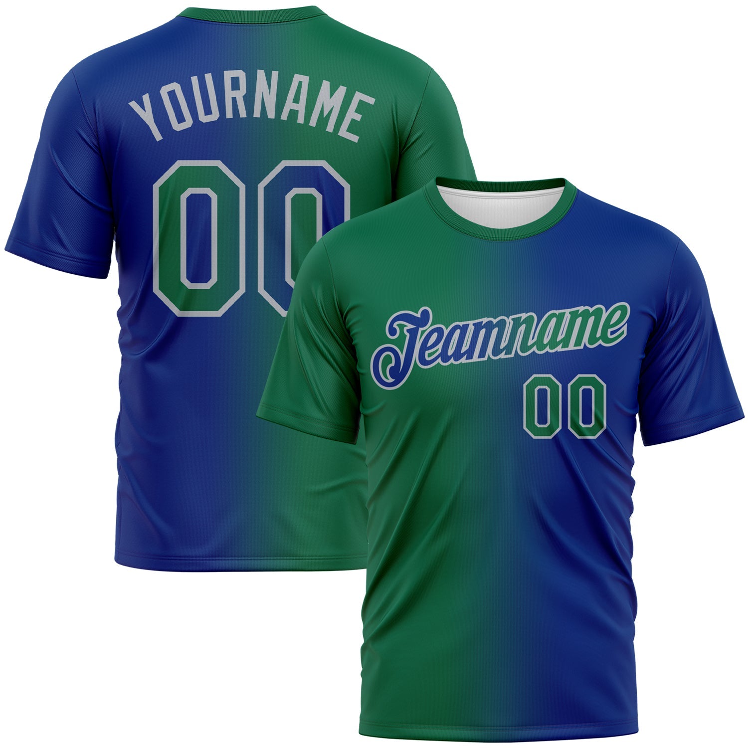 Custom Royal Kelly Green-Gray Gradient Fashion Performance T-Shirt - Main View