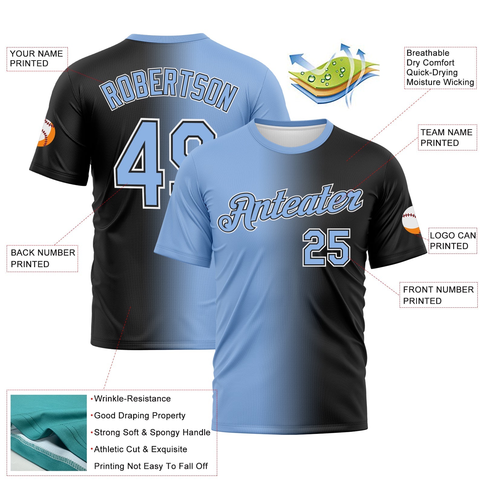 Custom Black Light Blue-White Gradient Fashion Performance T-Shirt view 3