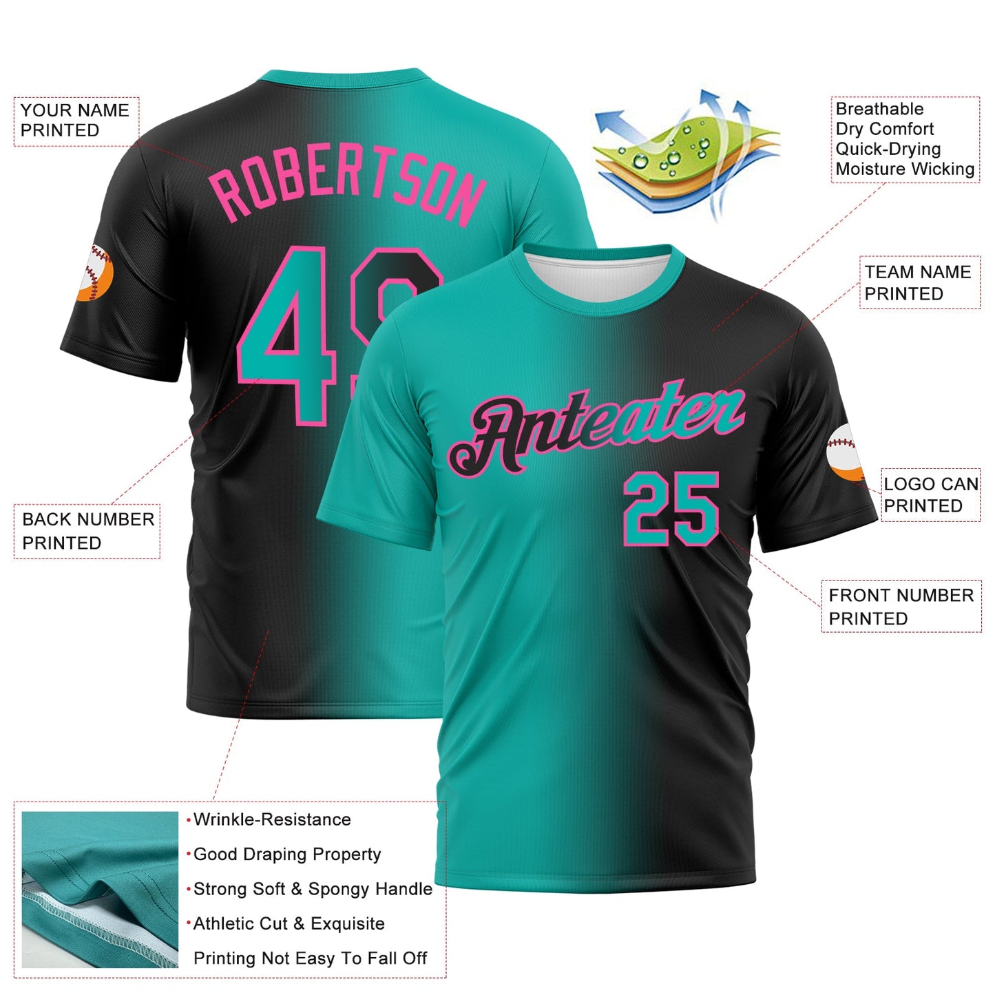 Custom Black Aqua-Pink Gradient Fashion Performance T-Shirt view 3