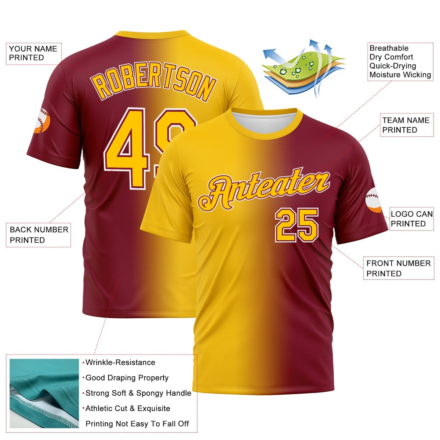 Custom Crimson Yellow-White Gradient Fashion Performance T-Shirt view 3