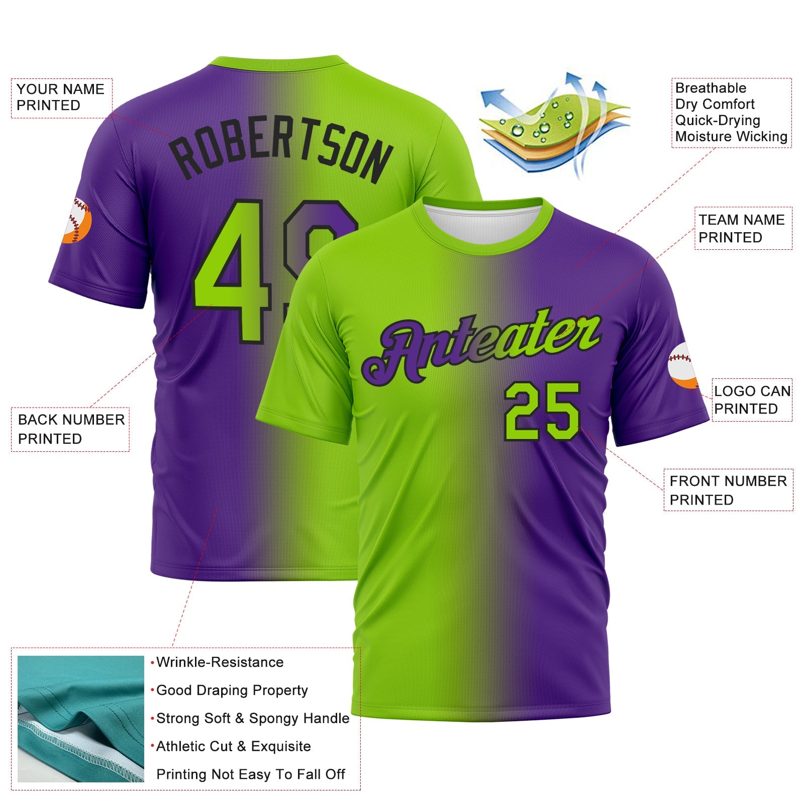Custom Purple Neon Green-Black Gradient Fashion Performance T-Shirt view 3