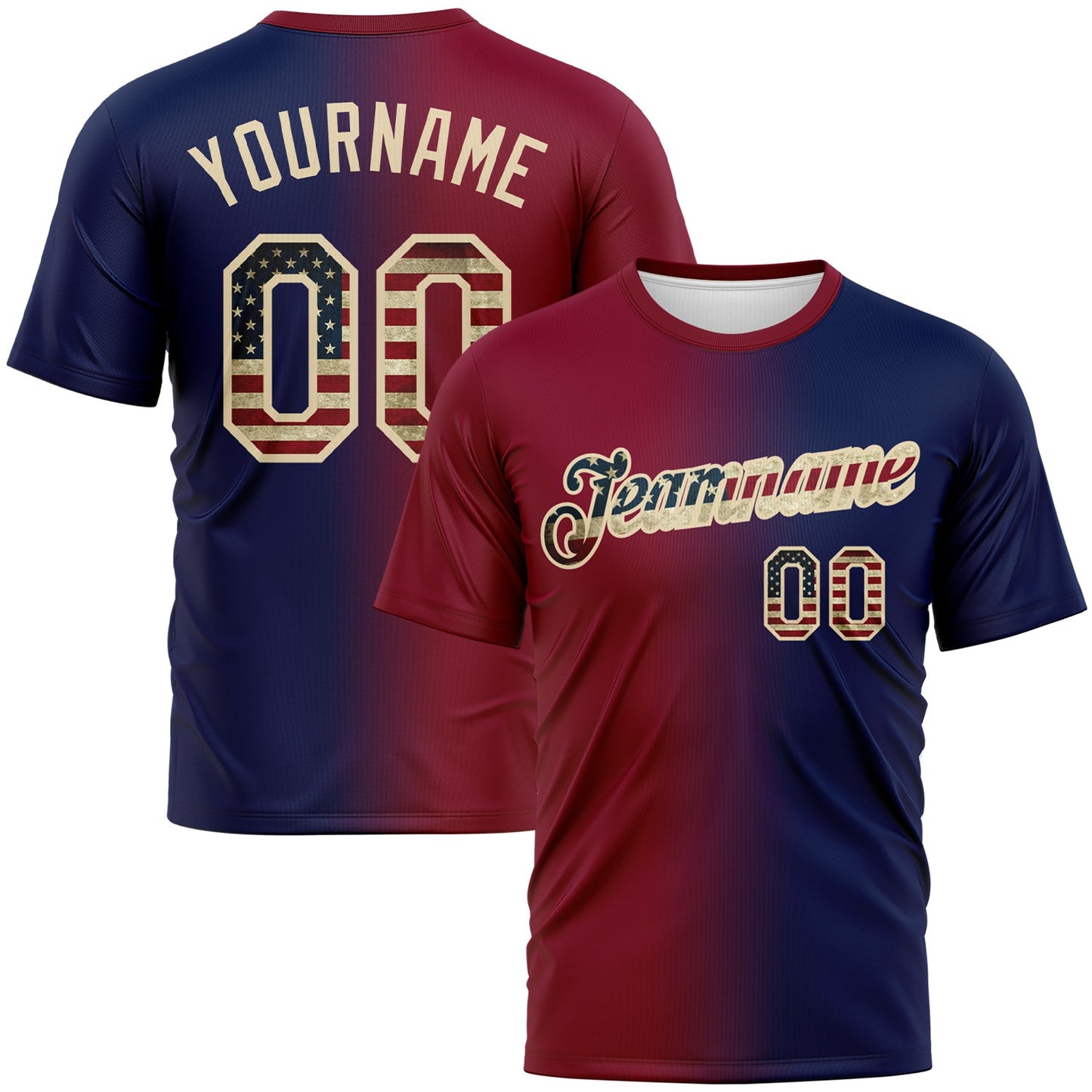 Custom Navy Vintage USA Flag Maroon-Cream Gradient Fashion Performance T-Shirt - Main View