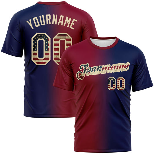 Custom Navy Vintage USA Flag Maroon-Cream Gradient Fashion Performance T-Shirt - Main View