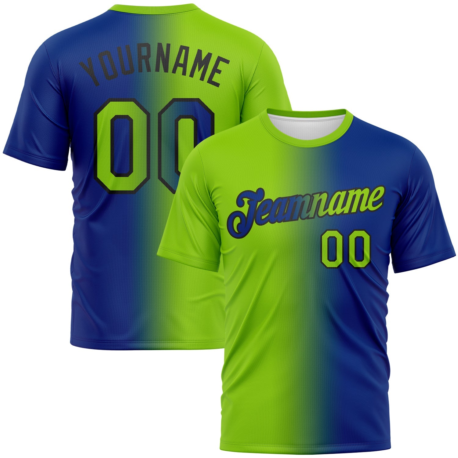 Custom Royal Neon Green-Black Gradient Fashion Performance T-Shirt - Main View