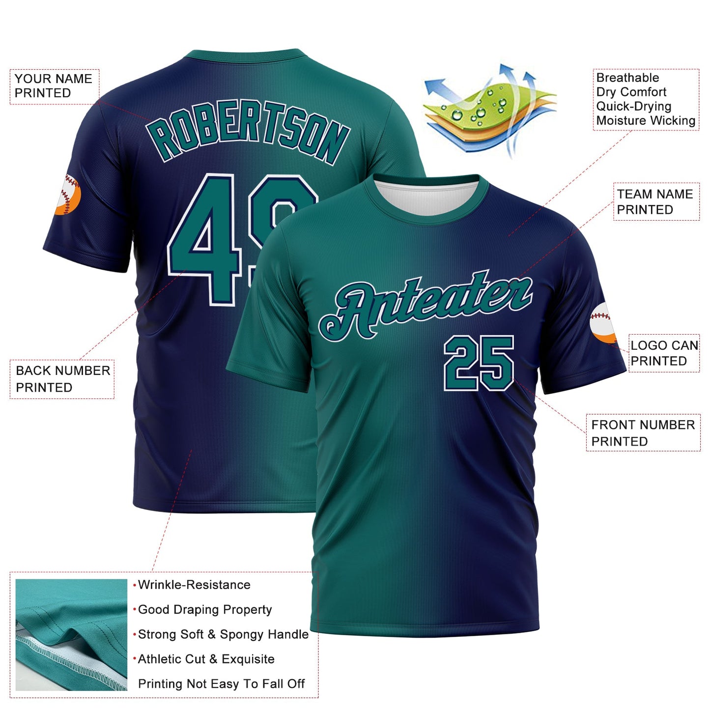 Custom Navy Teal-White Gradient Fashion Performance T-Shirt view 3