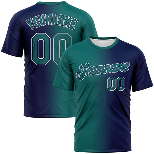 Custom Navy Teal-White Gradient Fashion Performance T-Shirt - Main View