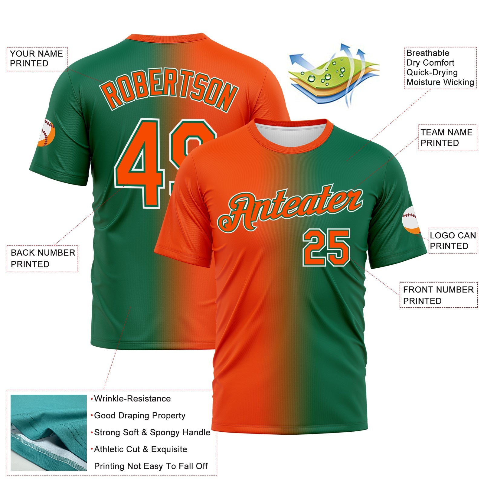 Custom Kelly Green Orange-White Gradient Fashion Performance T-Shirt view 3