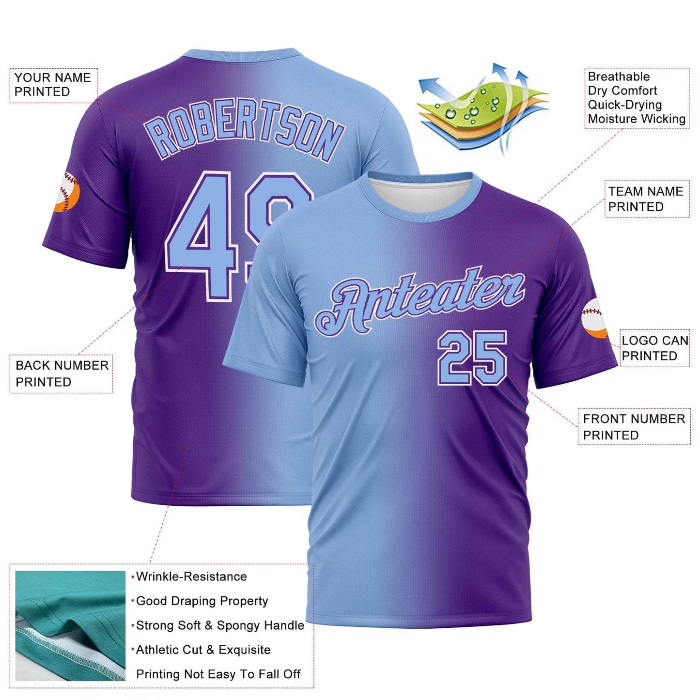 Custom Purple Light Blue-White Gradient Fashion Performance T-Shirt view 3