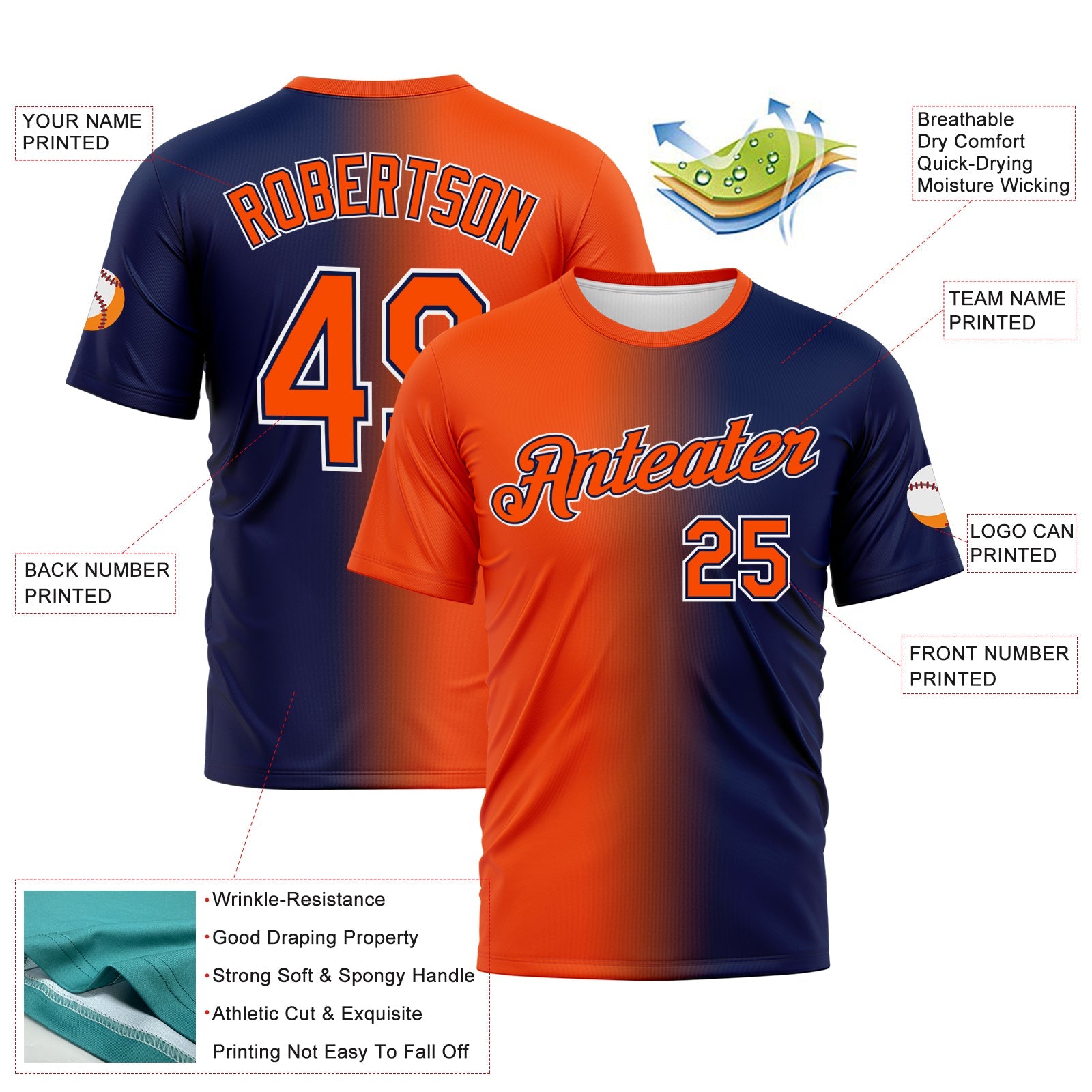 Custom Navy Orange-White Gradient Fashion Performance T-Shirt view 3
