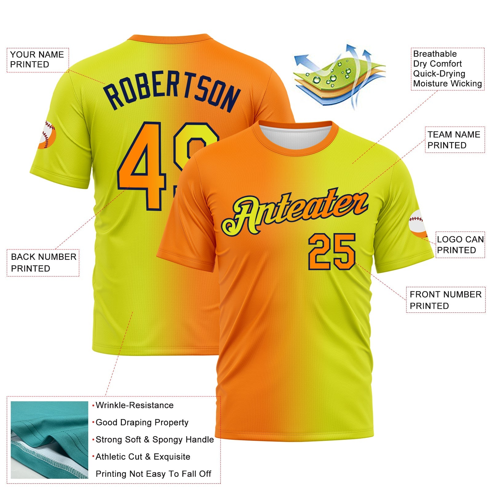 Custom Neon Yellow Bay Orange-Navy Gradient Fashion Performance T-Shirt view 3