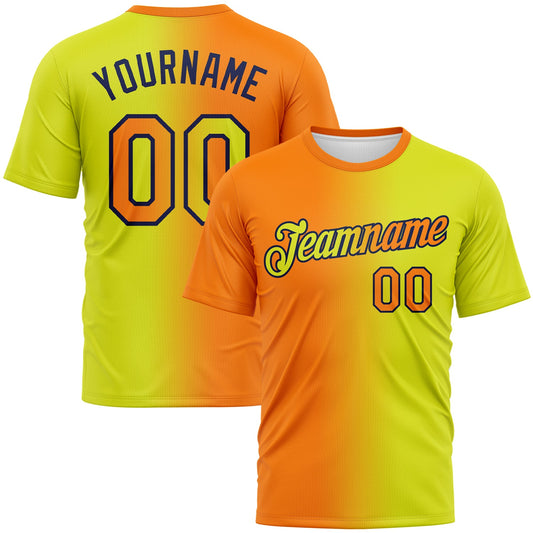 Custom Neon Yellow Bay Orange-Navy Gradient Fashion Performance T-Shirt - Main View