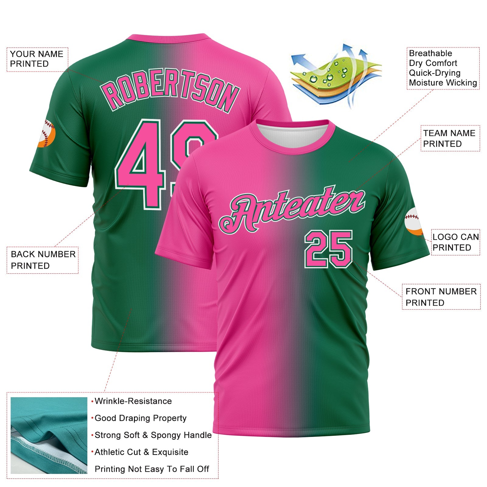 Custom Kelly Green Pink-White Gradient Fashion Performance T-Shirt view 3