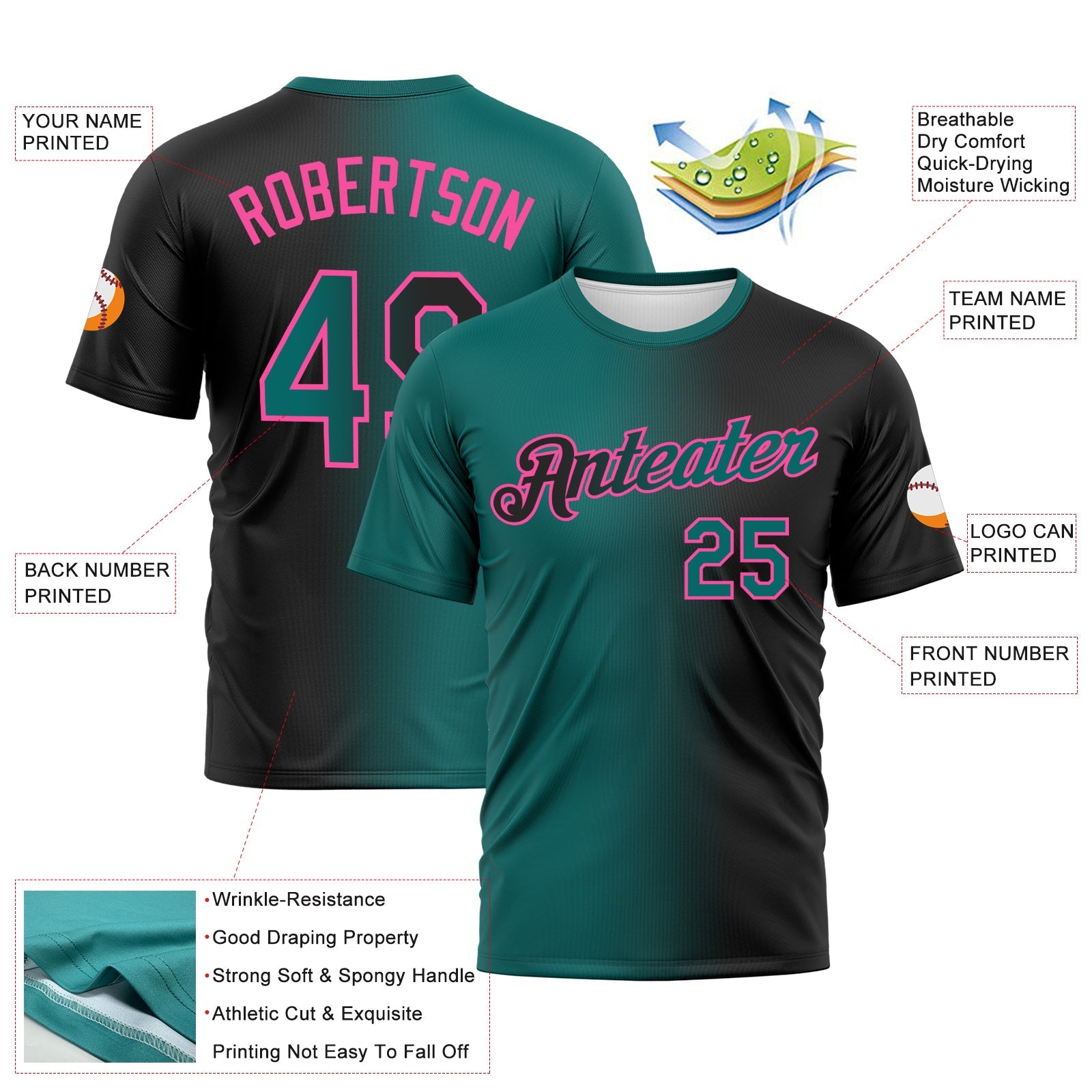 Custom Black Teal-Pink Gradient Fashion Performance T-Shirt view 3