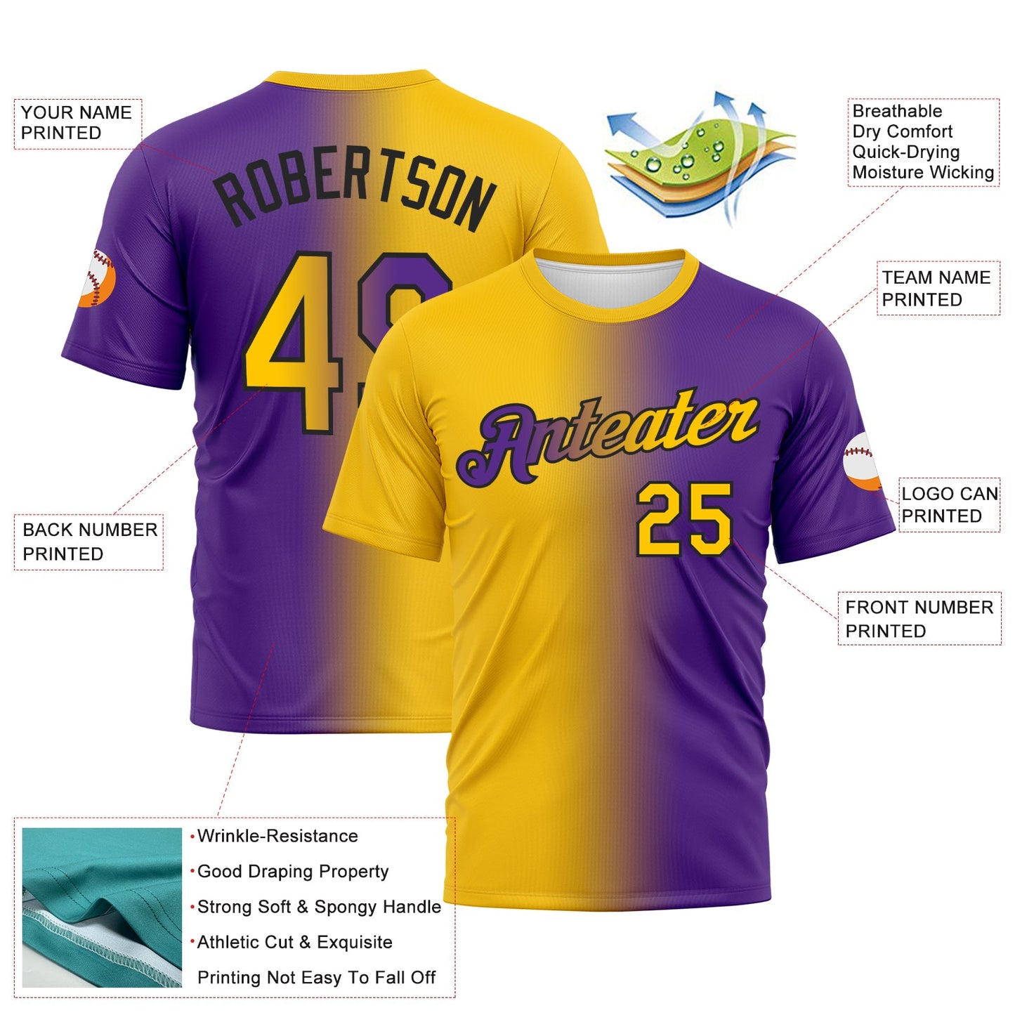 Custom Purple Yellow-Black Gradient Fashion Performance T-Shirt view 3