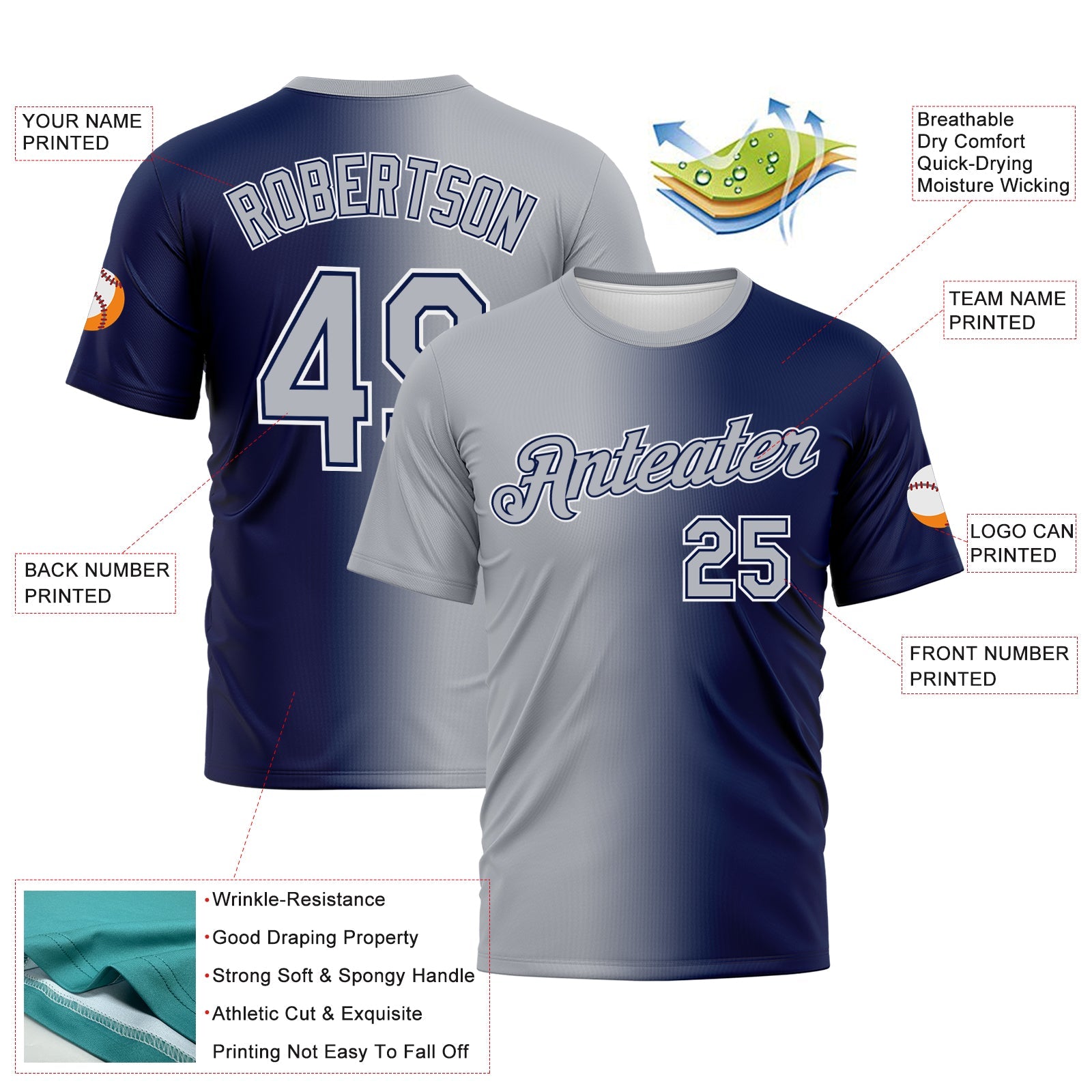 Custom Navy Gray-White Gradient Fashion Performance T-Shirt view 3
