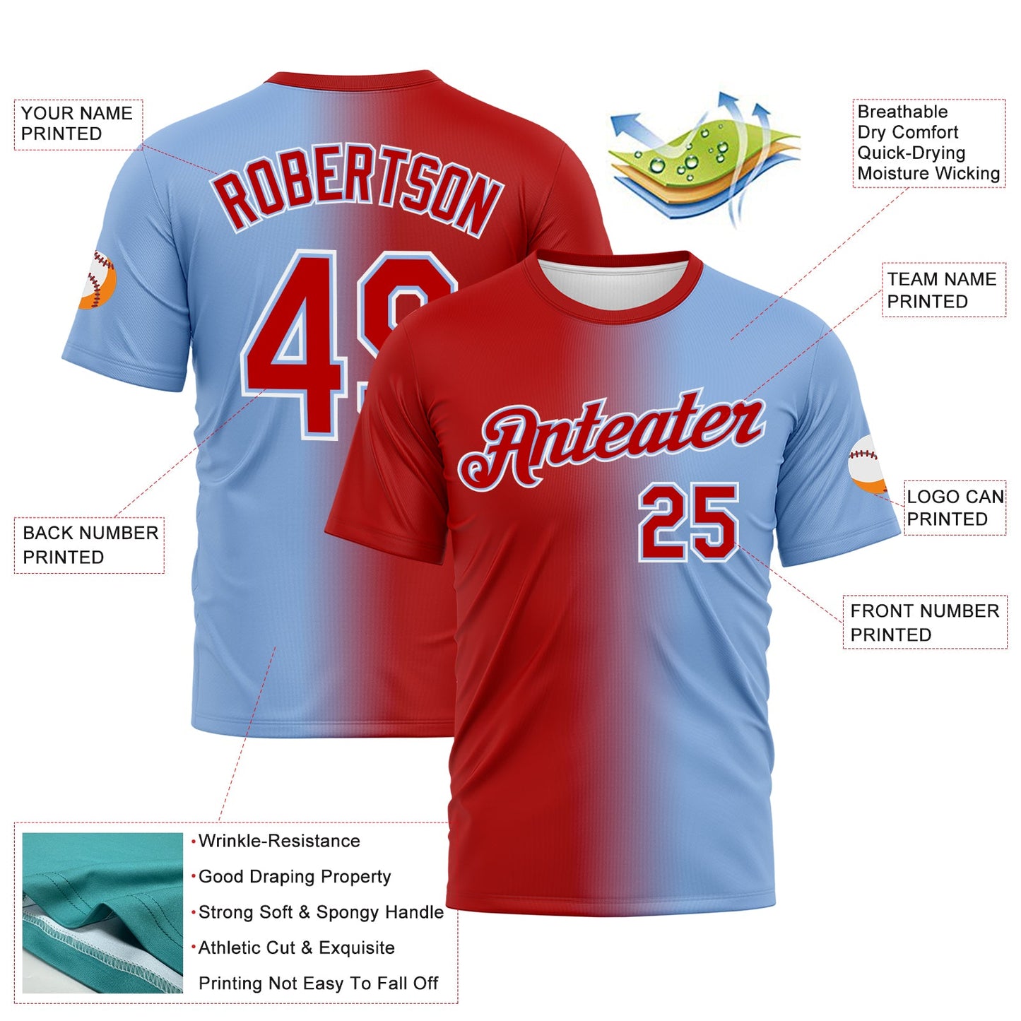 Custom Light Blue Red-White Gradient Fashion Performance T-Shirt view 3