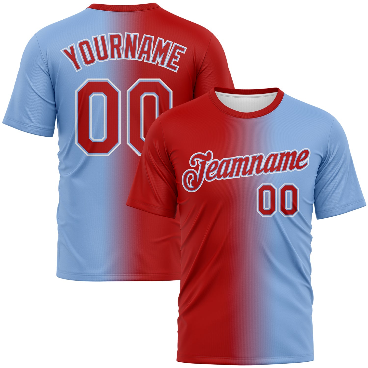 Custom Light Blue Red-White Gradient Fashion Performance T-Shirt - Main View