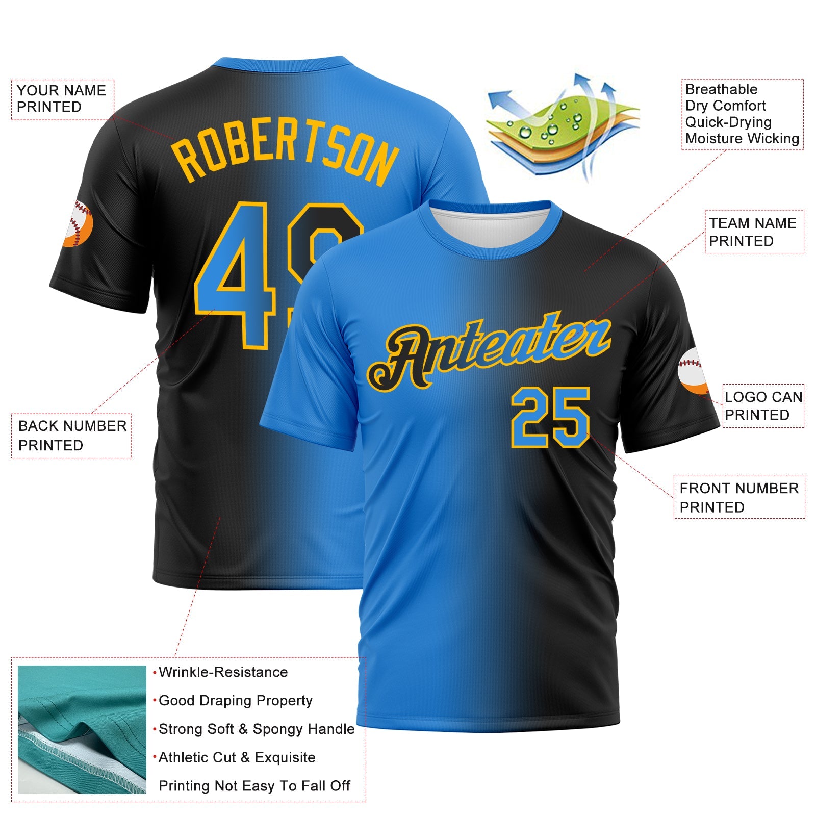 Custom Black Powder Blue-Gold Gradient Fashion Performance T-Shirt view 3