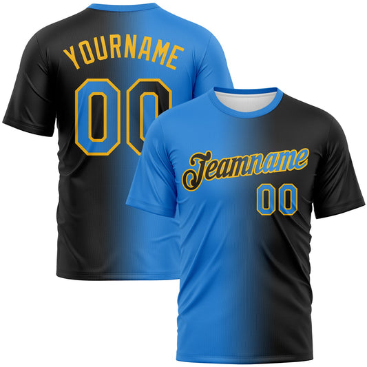Custom Black Powder Blue-Gold Gradient Fashion Performance T-Shirt - Main View