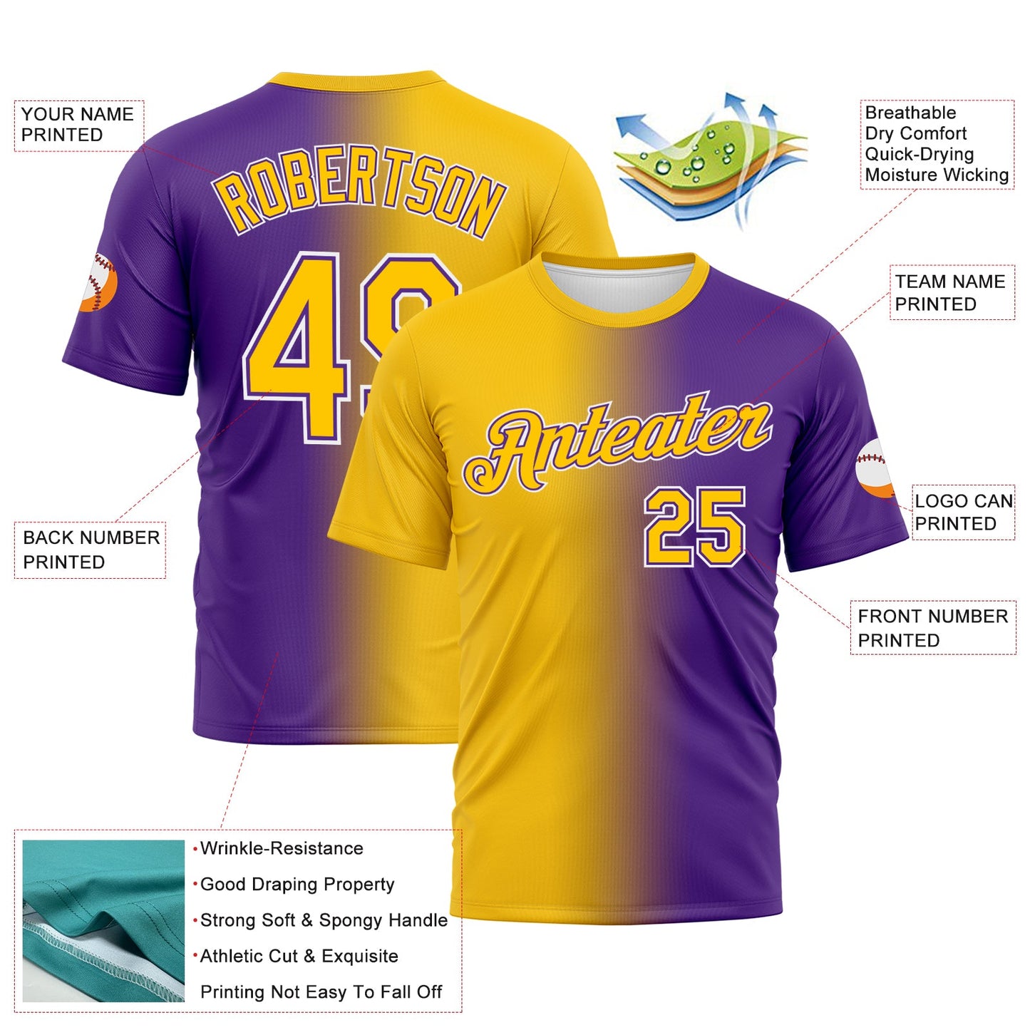 Custom Purple Yellow-White Gradient Fashion Performance T-Shirt view 3