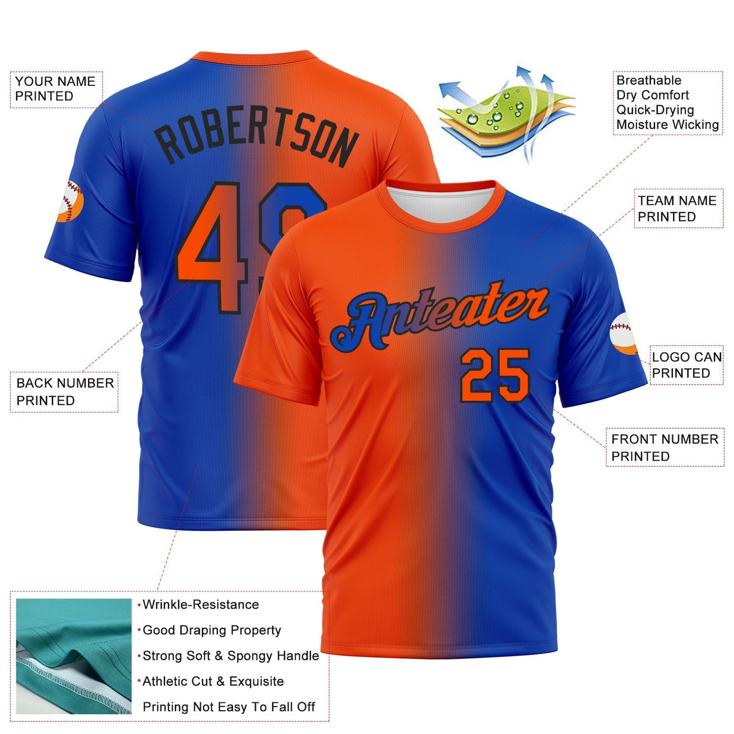 Custom Thunder Blue Orange-Black Gradient Fashion Performance T-Shirt view 3