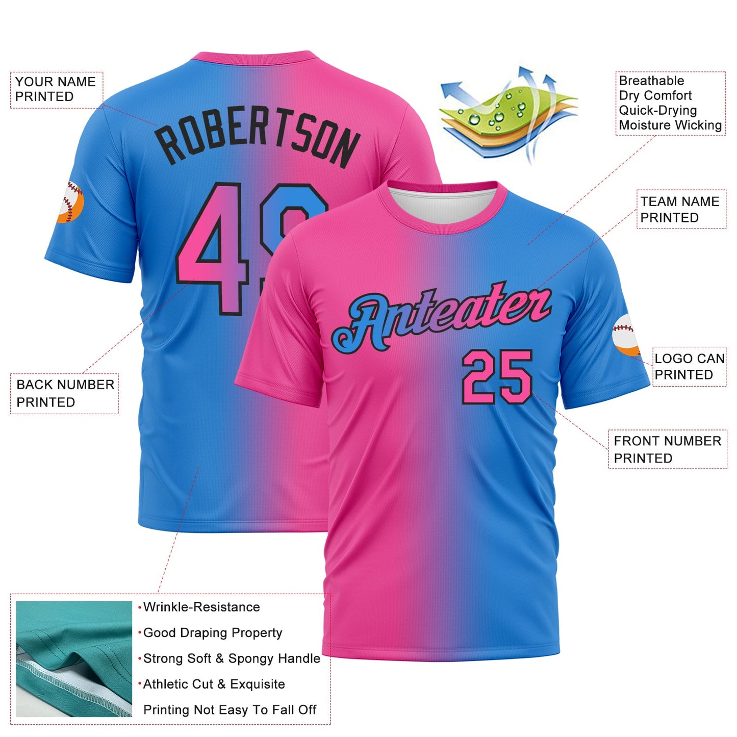 Custom Powder Blue Pink-Black Gradient Fashion Performance T-Shirt view 3