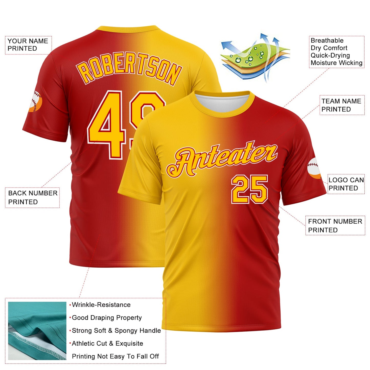 Custom Red Yellow-White Gradient Fashion Performance T-Shirt view 3