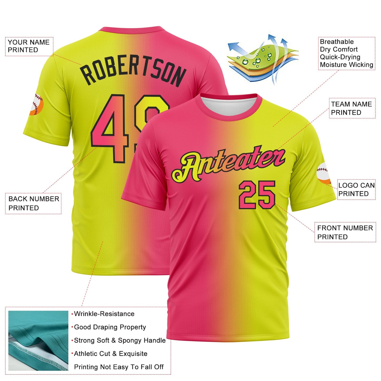 Custom Neon Yellow Neon Pink-Black Gradient Fashion Performance T-Shirt view 3