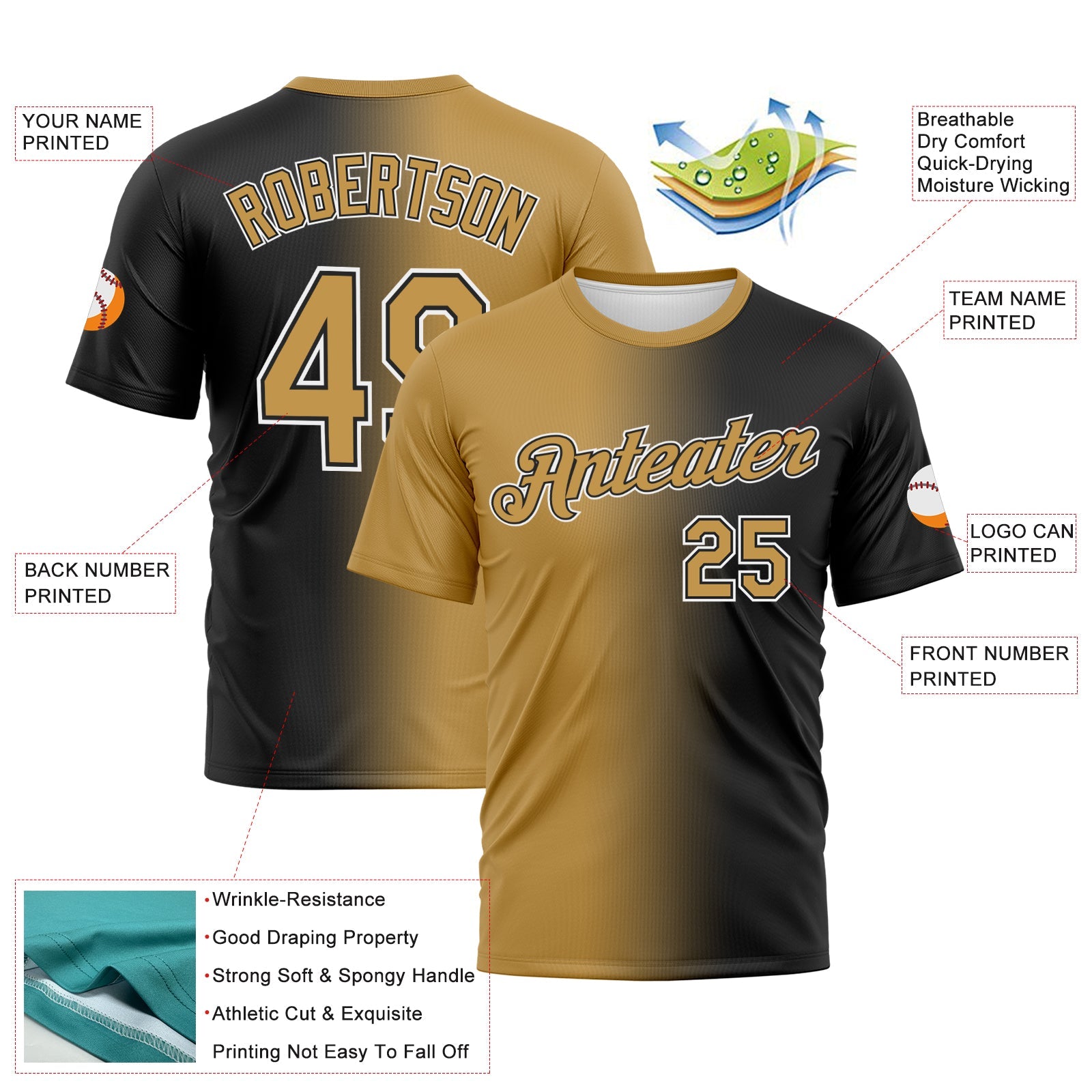 Custom Black Old Gold-White Gradient Fashion Performance T-Shirt view 3