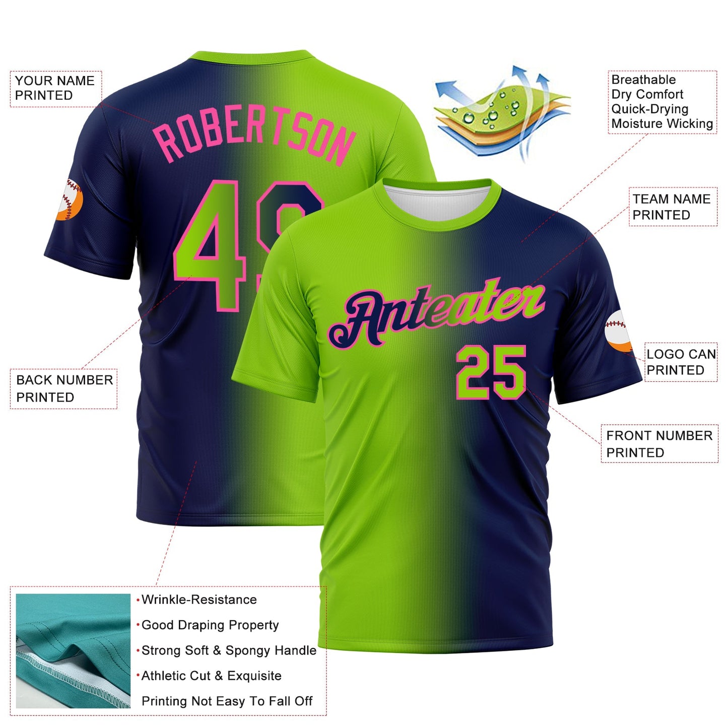 Custom Navy Neon Green-Pink Gradient Fashion Performance T-Shirt view 3