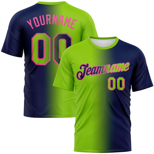 Custom Navy Neon Green-Pink Gradient Fashion Performance T-Shirt - Main View