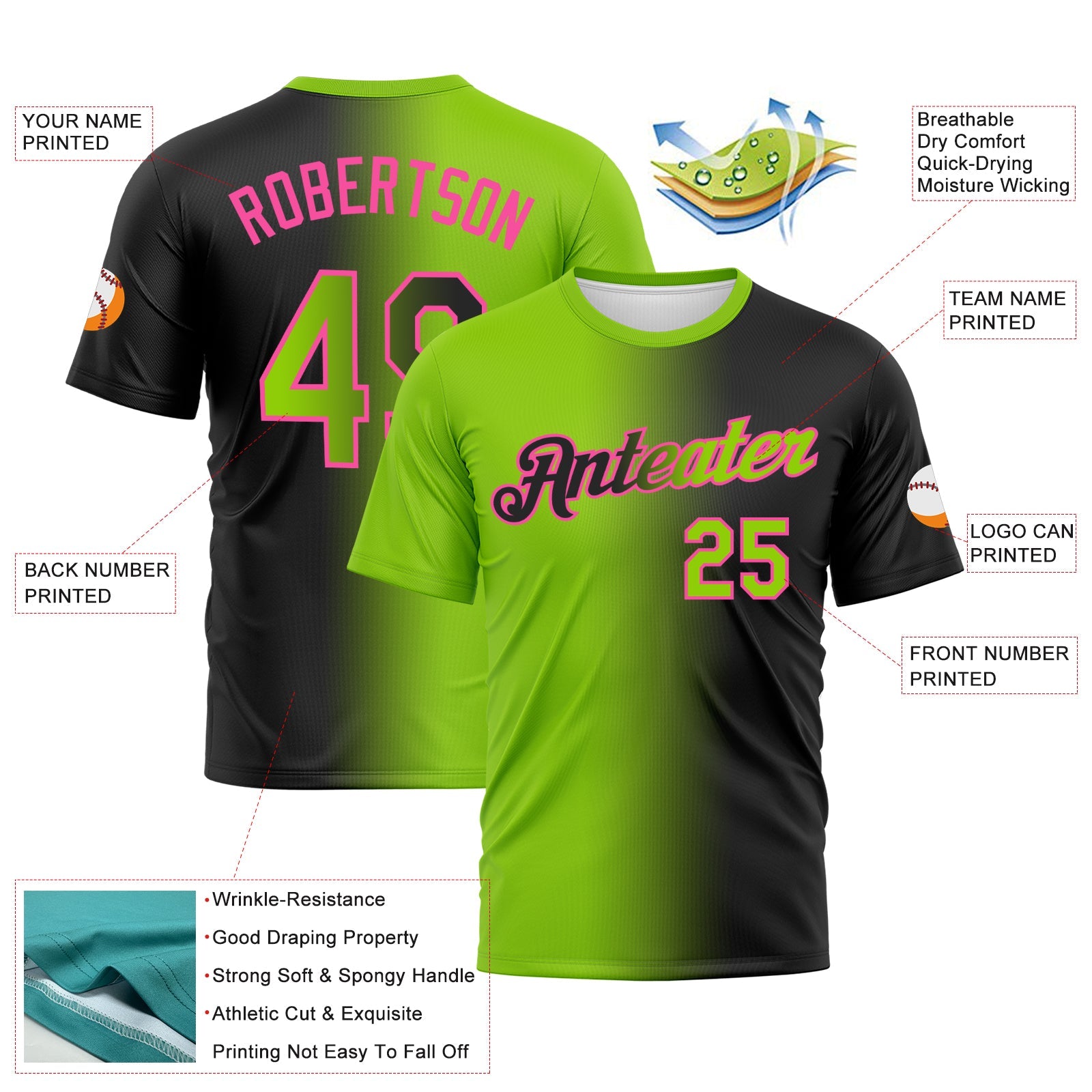 Custom Black Neon Green-Pink Gradient Fashion Performance T-Shirt view 3