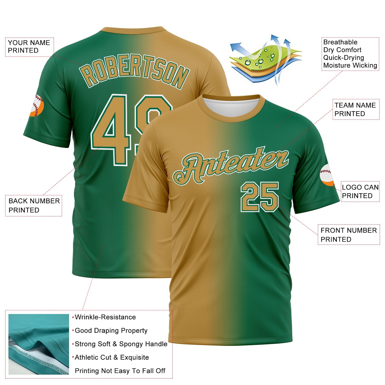 Custom Kelly Green Old Gold-White Gradient Fashion Performance T-Shirt view 3