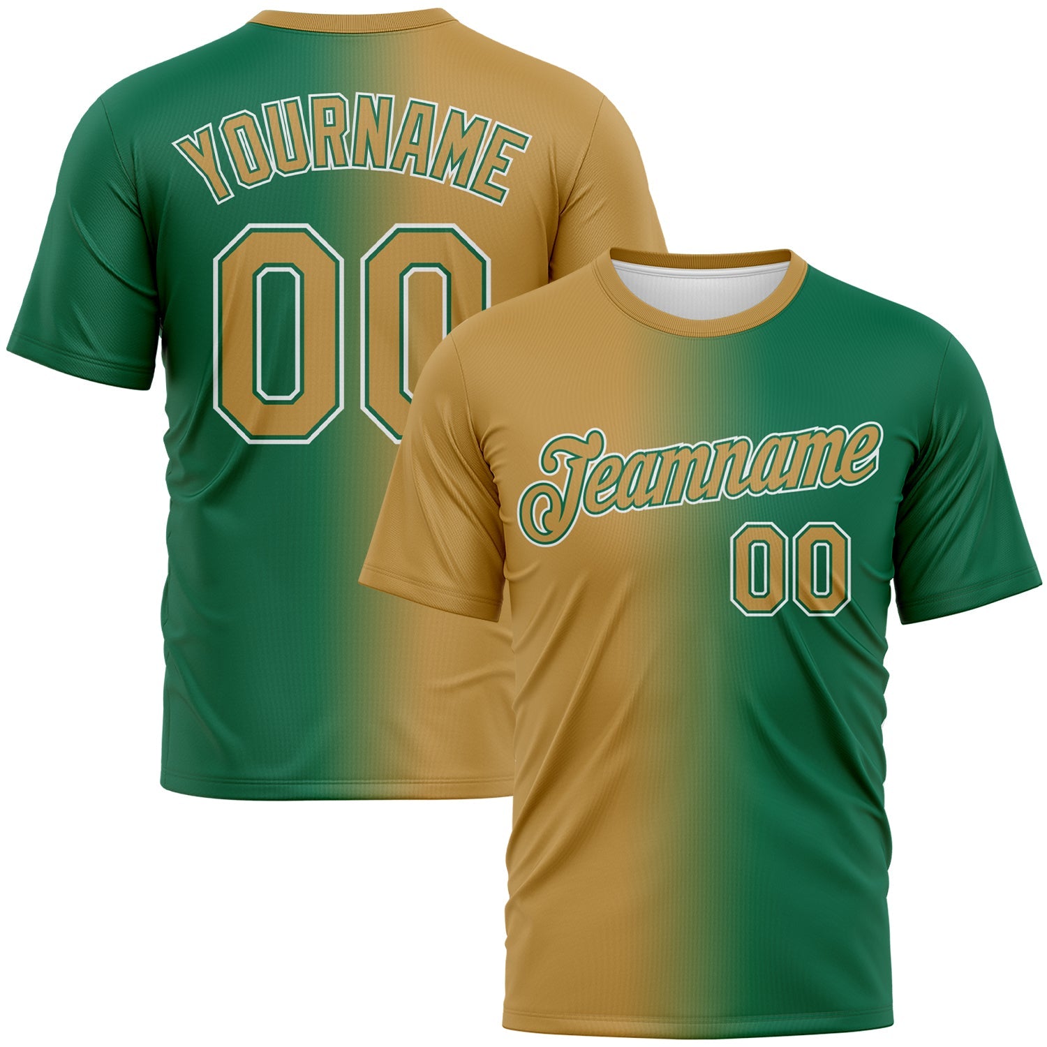Custom Kelly Green Old Gold-White Gradient Fashion Performance T-Shirt - Main View
