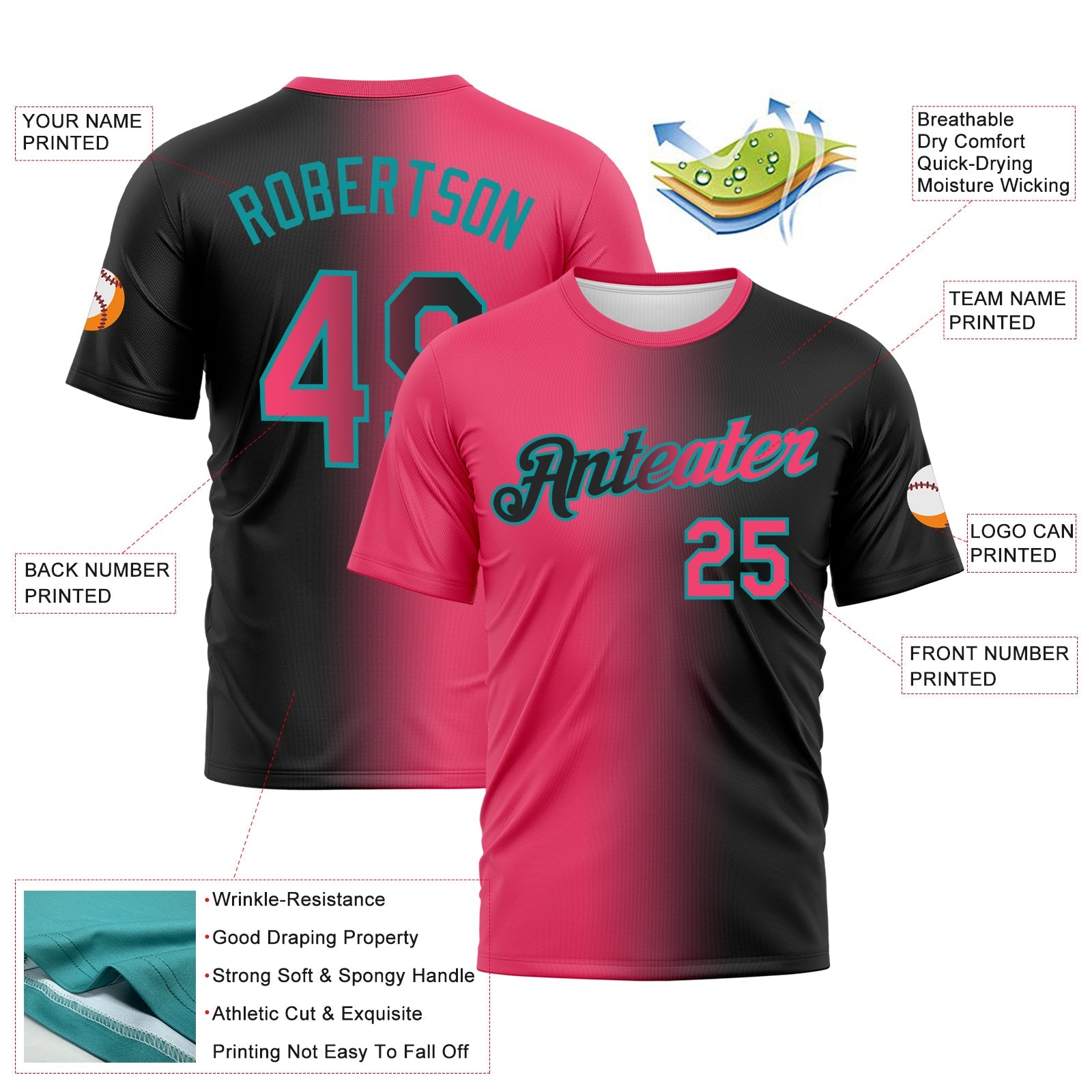 Custom Black Neon Pink-Teal Gradient Fashion Performance T-Shirt view 3