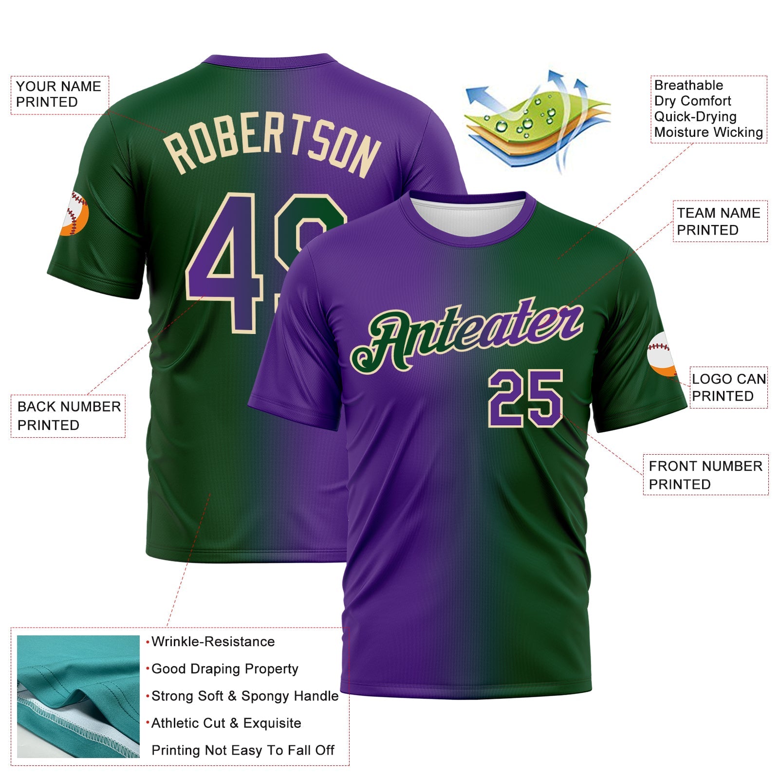 Custom Green Purple-Cream Gradient Fashion Performance T-Shirt view 3