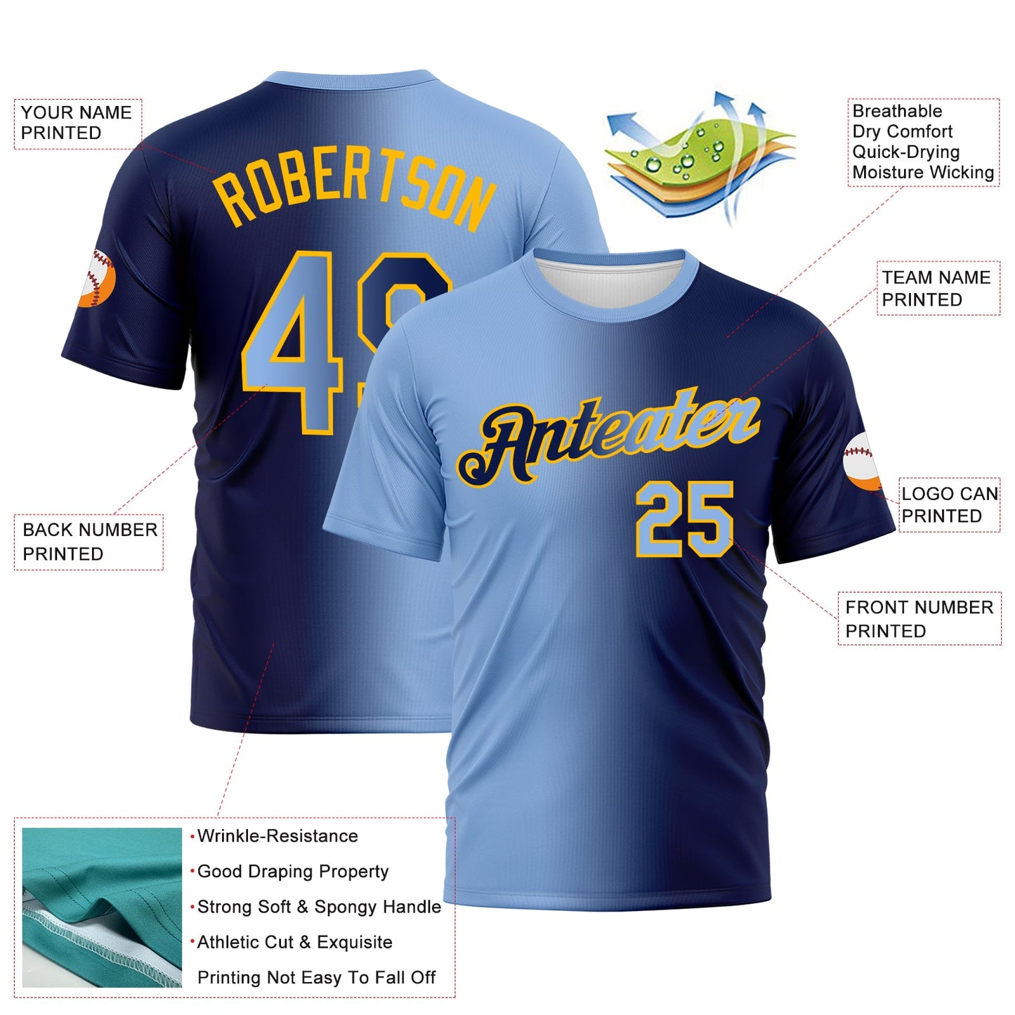 Custom Navy Light Blue-Gold Gradient Fashion Performance T-Shirt view 3