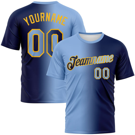 Custom Navy Light Blue-Gold Gradient Fashion Performance T-Shirt - Main View