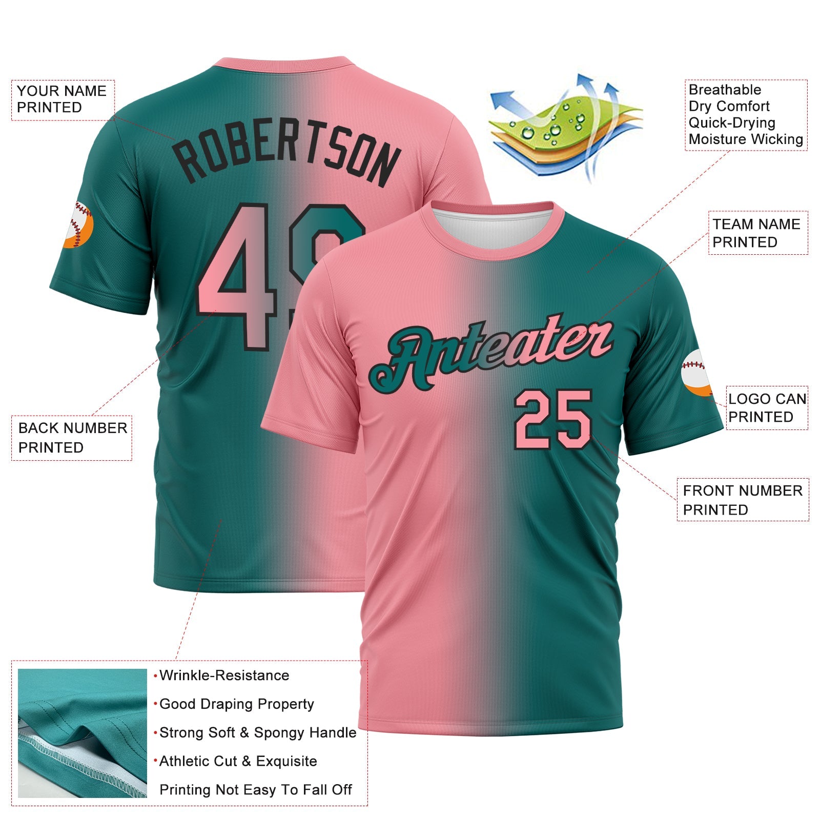 Custom Teal Medium Pink-Black Gradient Fashion Performance T-Shirt view 3