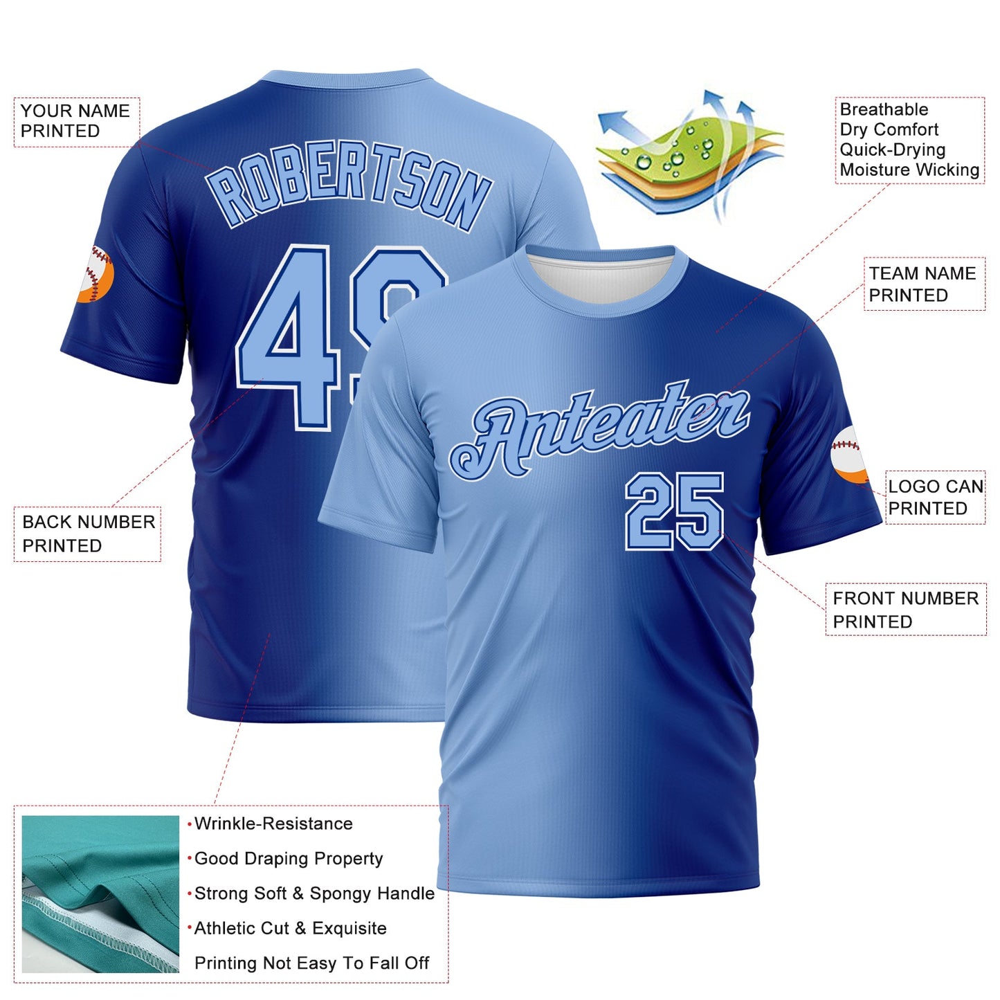 Custom Royal Light Blue-White Gradient Fashion Performance T-Shirt view 3