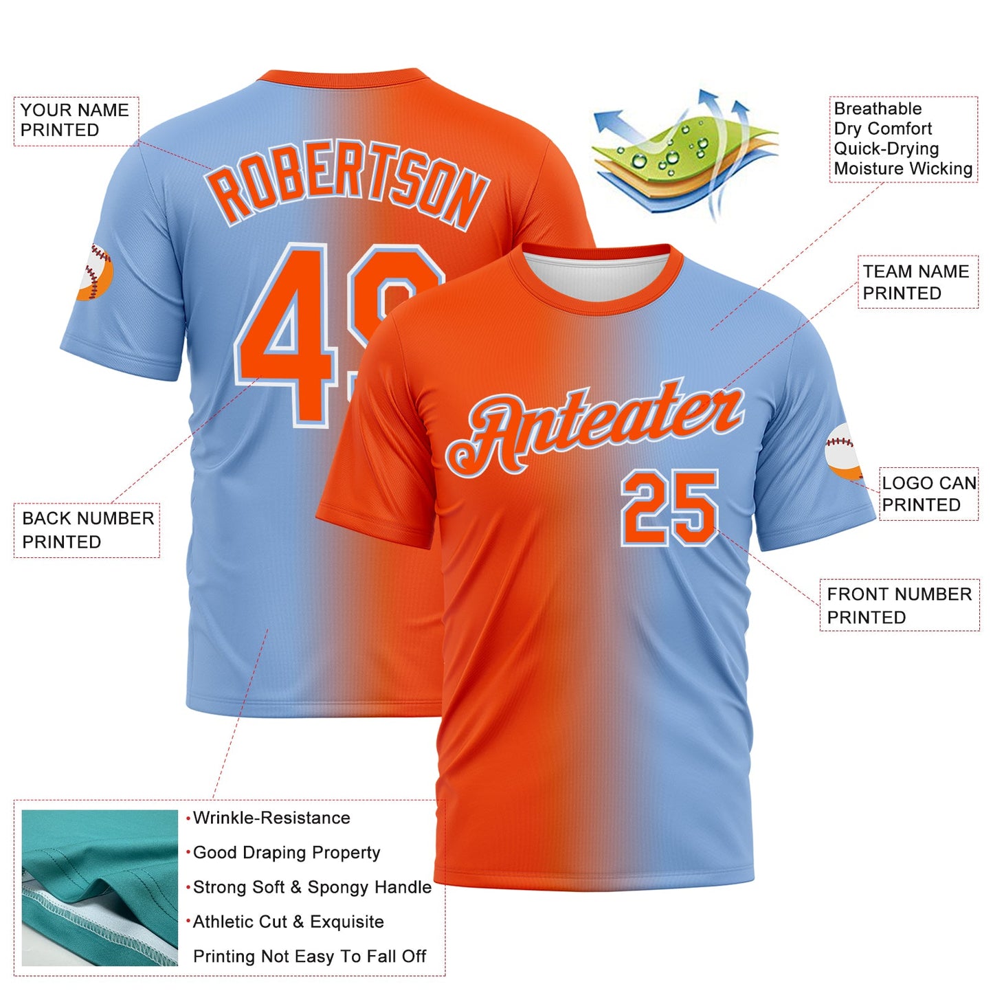 Custom Light Blue Orange-White Gradient Fashion Performance T-Shirt view 3