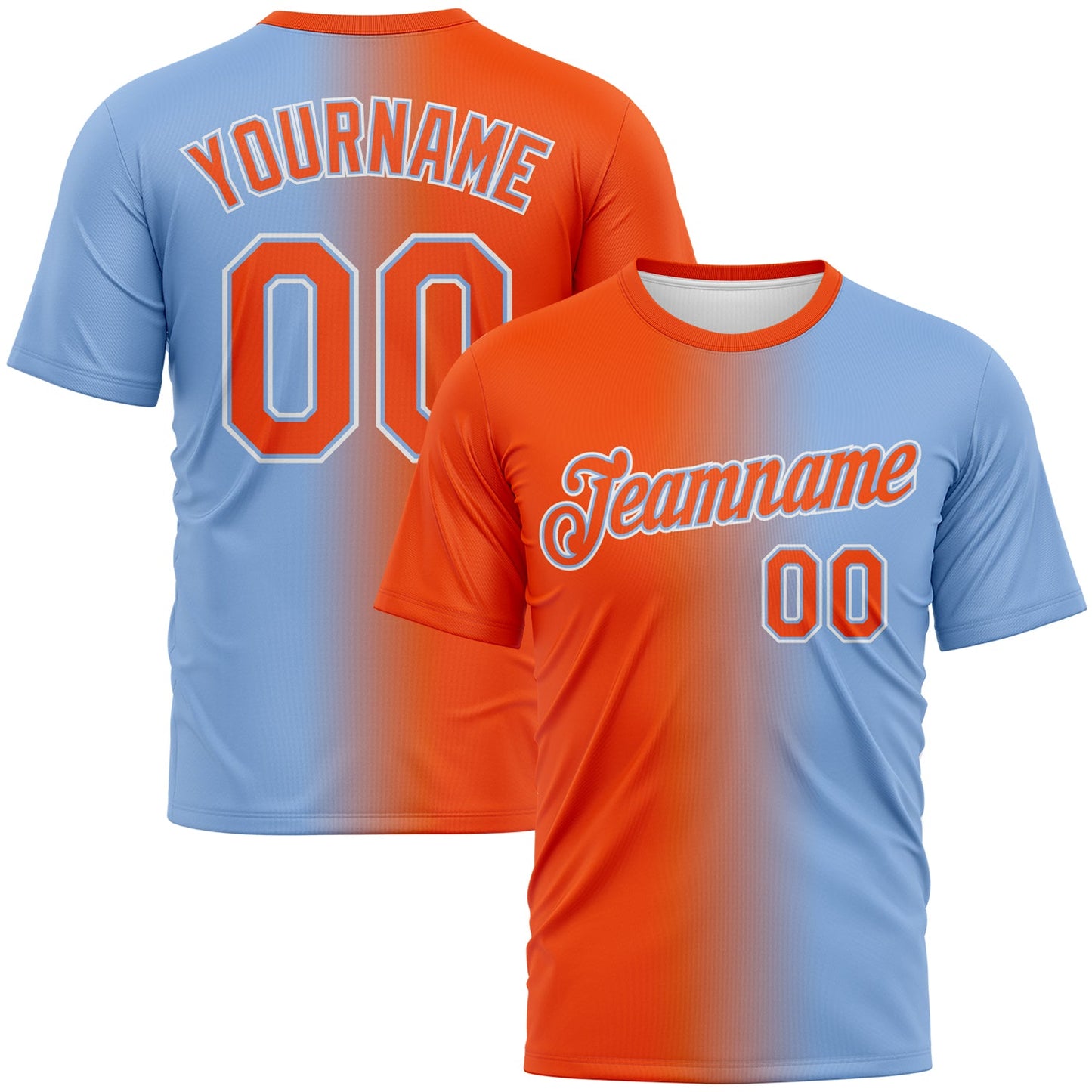 Custom Light Blue Orange-White Gradient Fashion Performance T-Shirt - Main View