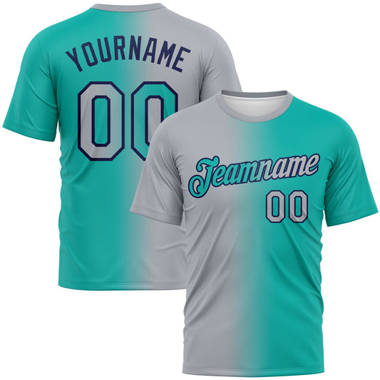Custom Aqua Gray-Navy Gradient Fashion Performance T-Shirt - Main View
