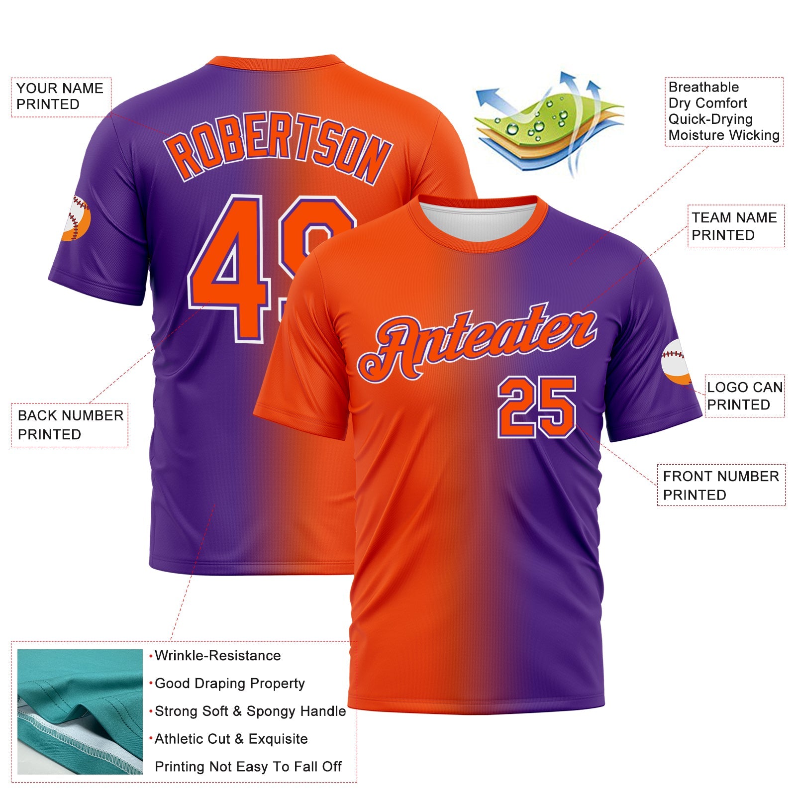 Custom Purple Orange-White Gradient Fashion Performance T-Shirt view 3