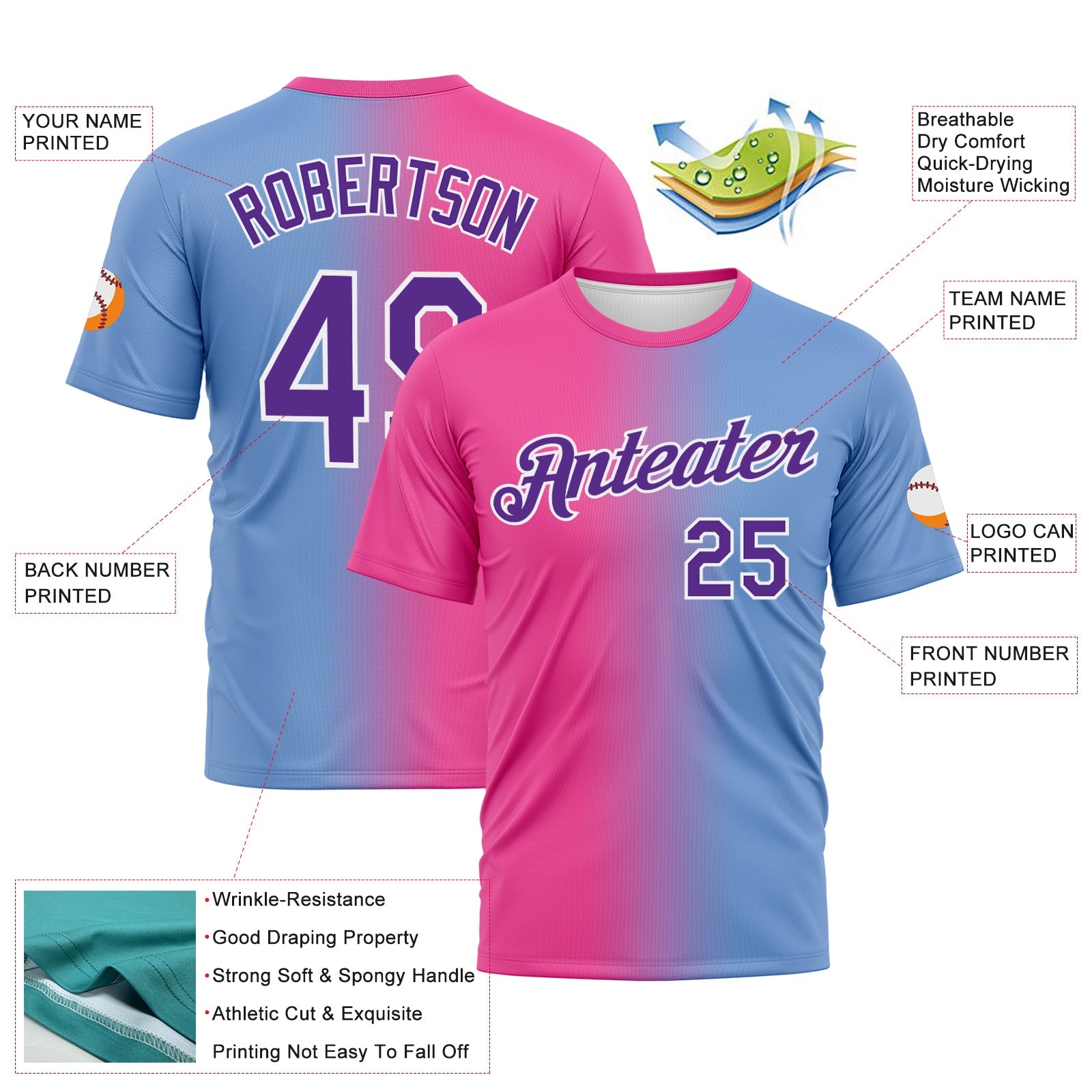 Custom Powder Blue Purple-Pink Gradient Fashion Performance T-Shirt view 3