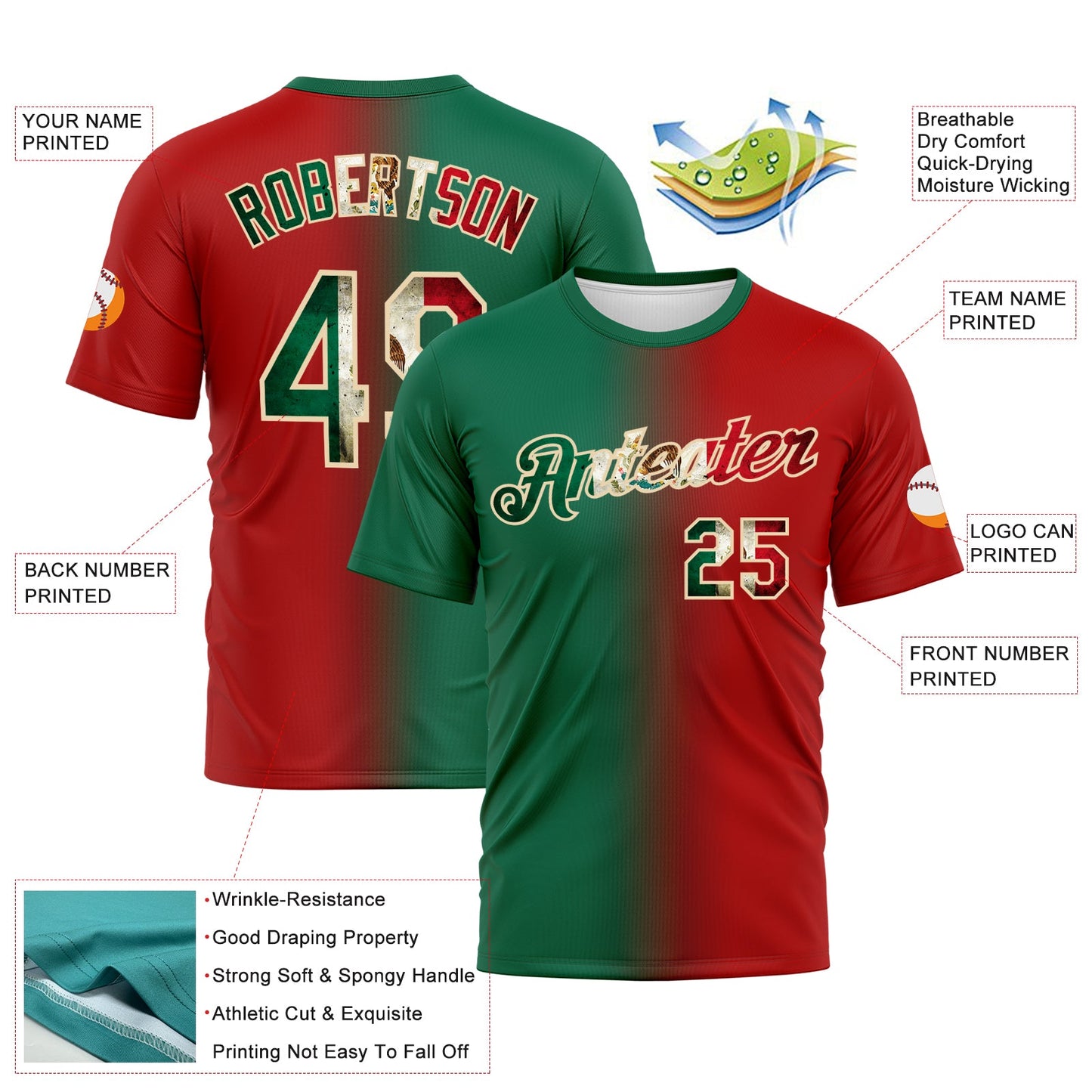 Custom Red Vintage Mexican Flag Kelly Green-City Cream Gradient Fashion Performance T-Shirt view 3