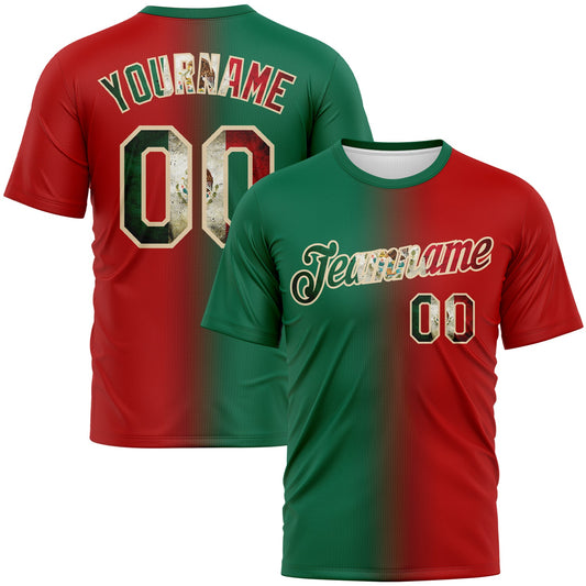 Custom Red Vintage Mexican Flag Kelly Green-City Cream Gradient Fashion Performance T-Shirt - Main View