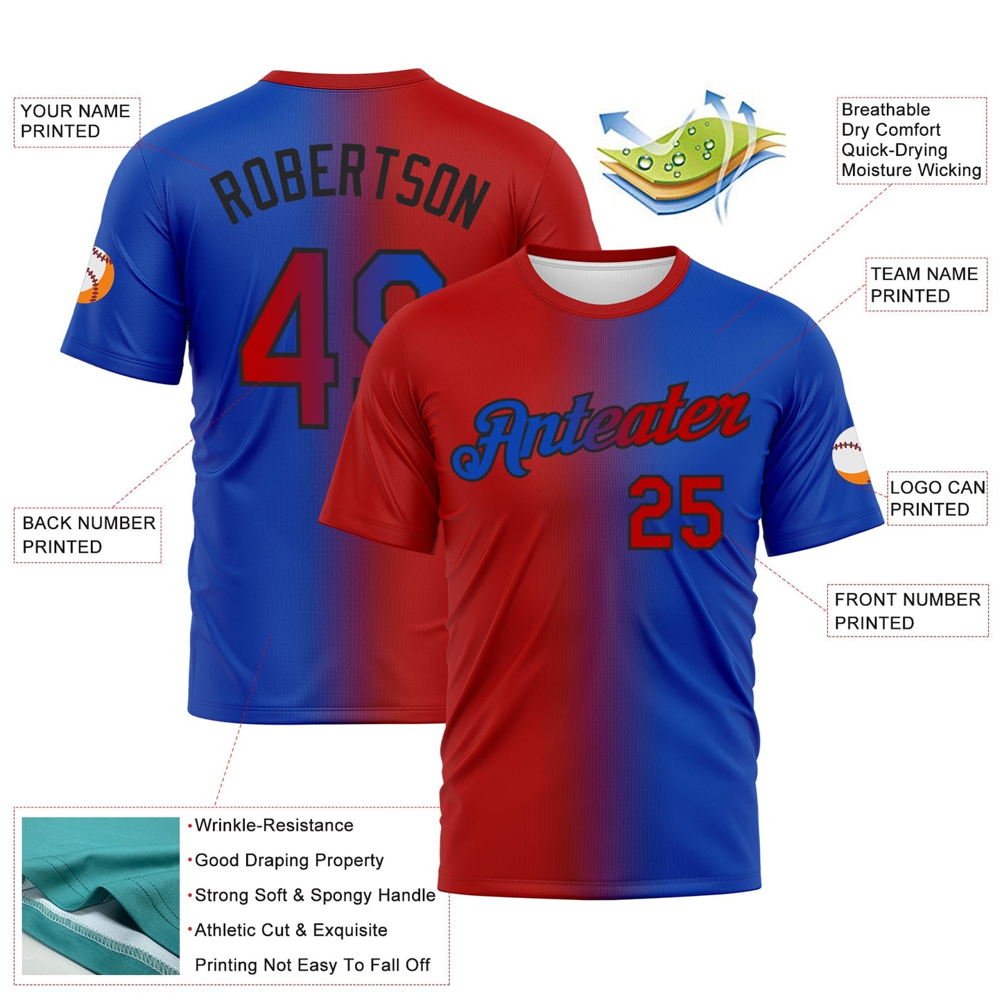 Custom Thunder Blue Red-Black Gradient Fashion Performance T-Shirt view 3