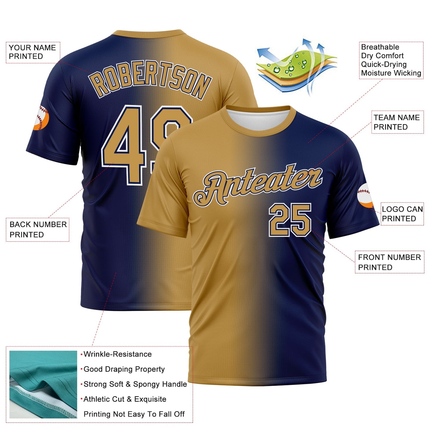 Custom Navy Old Gold-White Gradient Fashion Performance T-Shirt view 3