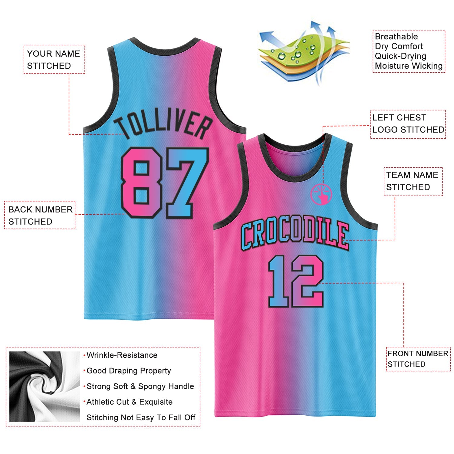 Custom Sky Blue Pink-Black Authentic Gradient Fashion Basketball Jersey view 3
